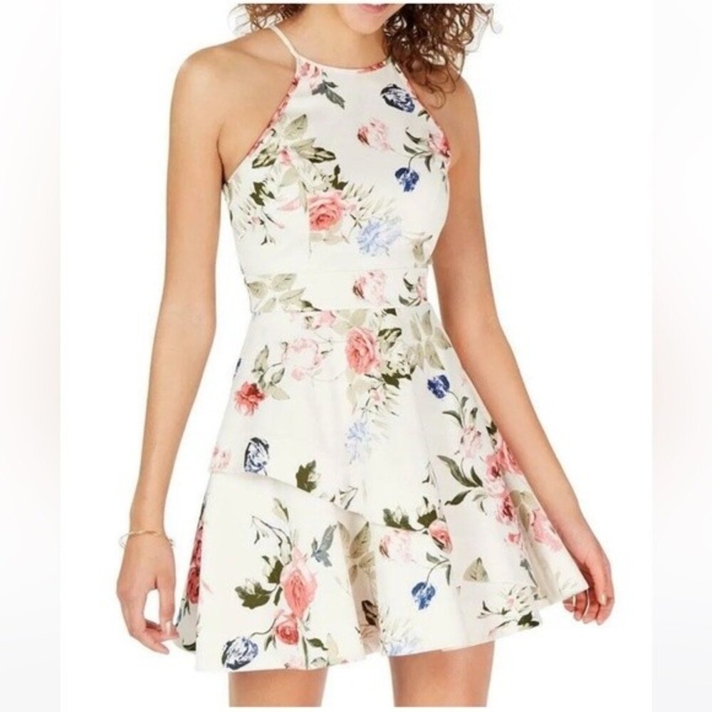 Speechless Womens Juniors Floral Fit & Flare Halter Dress Ivory 7